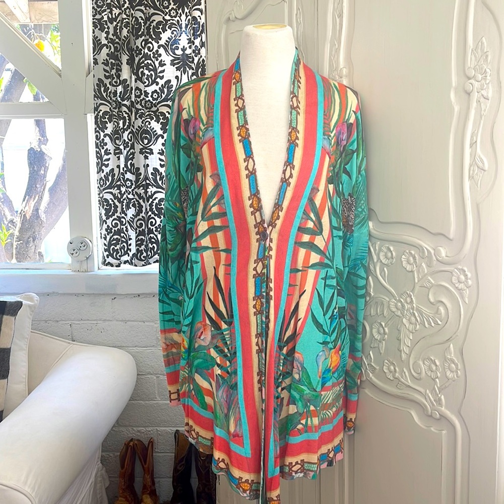 Johnny Was Taina swing sweater tropical animal print knit cardigan